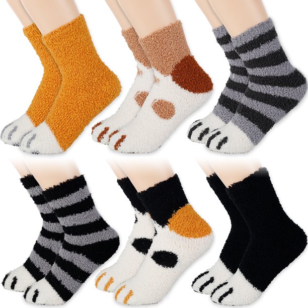 Muyoka 6 pares de calcetines de invierno con diseño de pata de gato, cálidos, de felpa, esponjosos, gruesos, de forro polar, con diseño de pata de animal, con dibujos animados, para dormir, para el ho Muyoka Hogar