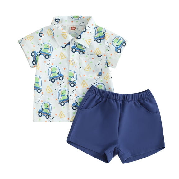 Musuos Toddler Boy Summer Clothes 9 12 18 24M 3T Dinosaur Print Short Sleeve Button Down Shirt with Solid Color Shorts 2Pcs Outfit