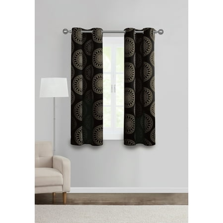 Mainstays Medallion Print Room Darkening Grommet Curtain Panel Pair  Set of 2  Black  30 x 63