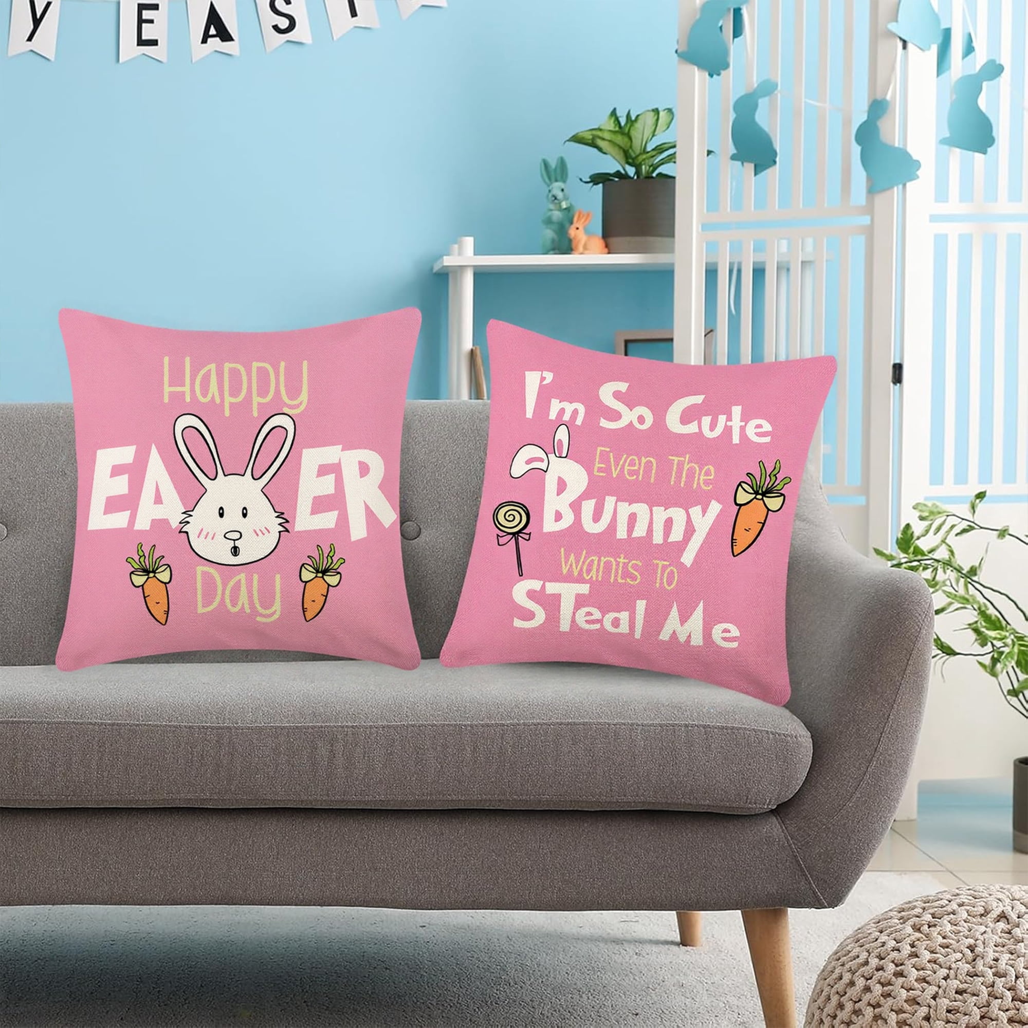 Unique Bargains Happy Easter Rabbit Throw Pillow Covers Set of 2 Flower Pattern 5
