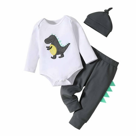 

Baby Boys Romper Outfit Set Long Sleeve Cartoon Dinosaur Embroidery Romper Bodysuit Print Pants Hat Outfits 3 Piece Sizes 12-18 Months