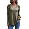 thumbnail image 1 of Mujer Manga Larga Top Cuello En V Cremallera Hombro Frío Color Puro Tipo Suelto Camiseta Casual OD Verde L, 1 of 6