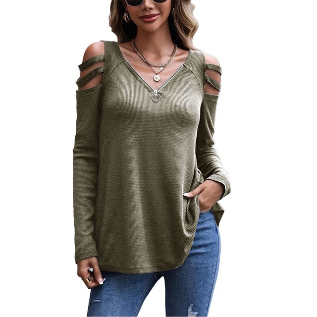 Mujer Manga Larga Top Cuello En V Cremallera Hombro Frío Color Puro Tipo Suelto Camiseta Casual OD Verde L