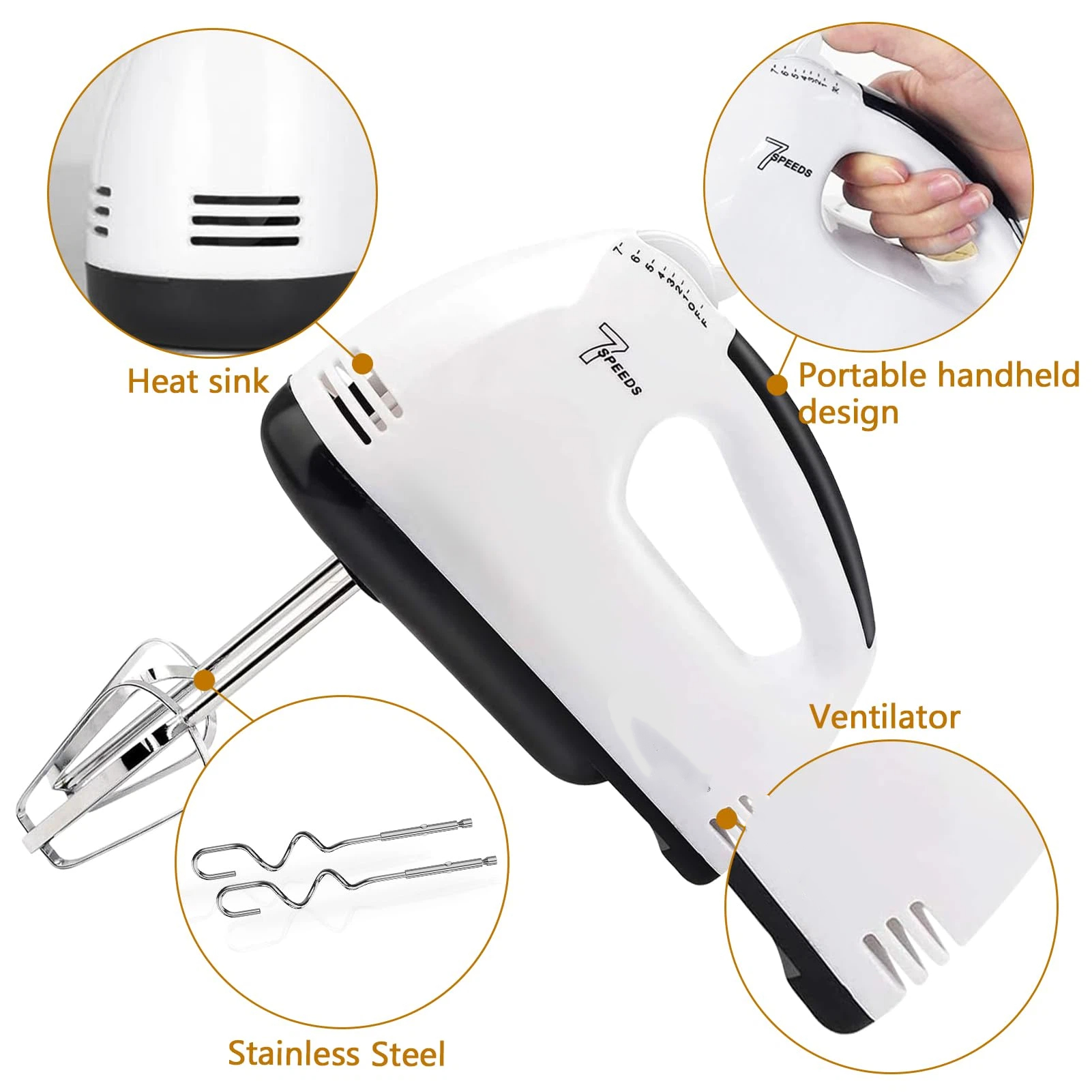 Electric Hand Mixer, 7 Speed Egg and Flour Automatic Mixing with Whisk for Cooking of Bread, Cake (18*8.3cm,Includes two mixing bars, two dough bars)