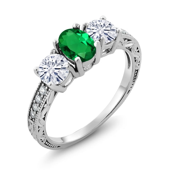 Gem Stone King 925 Sterling Silver 3-Stone Ring Nano Emerald Moissanite(1.72 Cttw) (Size 8)