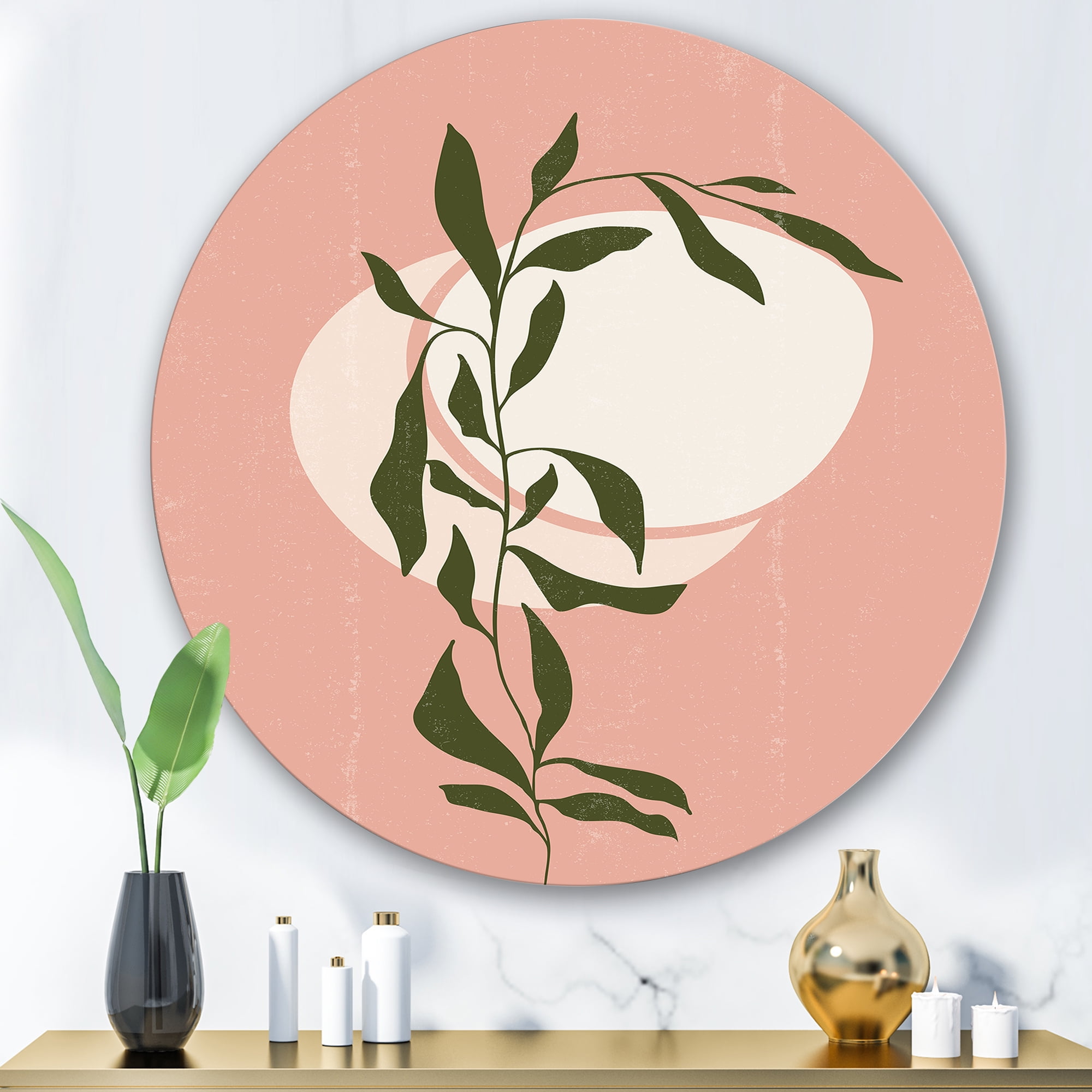 Designart 'Abstract Geometrical Moon and Sun With Leaf VI' Modern Circle Metal Wall Art 29x29 - Disc of 29