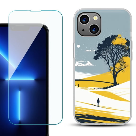 Slim-Fit TPU Phone Case for iPhone 14, with Tempered Glass Screen Protector, by OneToughShield ® - Tree on Hill