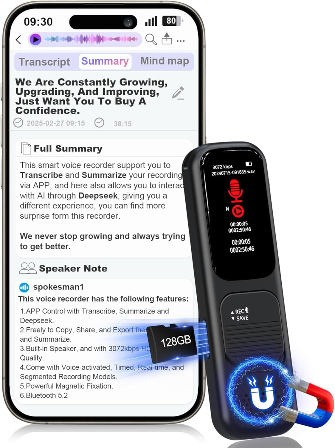 HPQ 128GB Digital Voice Recorder with App Control – High-Quality 3072kbps Audio, 9360 Hours Storage, Transcription & Real-Time Translation.