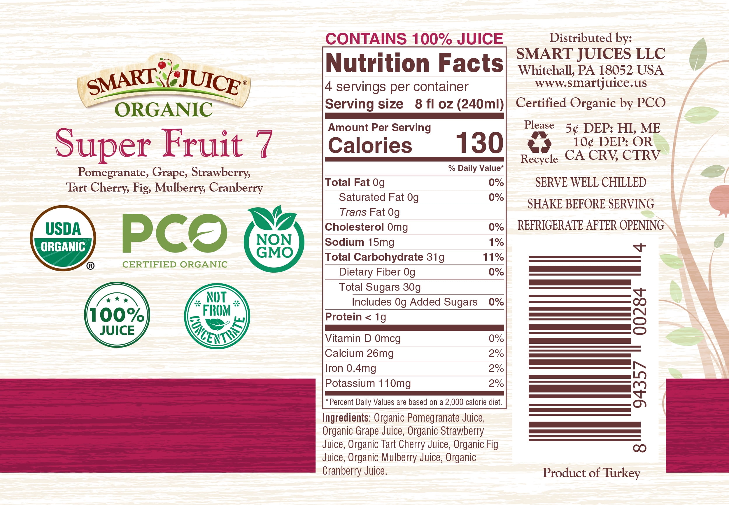 Smart Juice Organic Super Fruit 7 Juice - 100% Juice, Not From Concentrate - 33.8 fl oz (1L) - (Pack of 6)