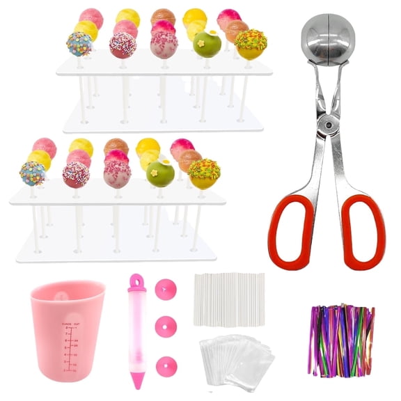 Cake Pop Maker Kit,Include 2 Acrylic Cake pop Stand 1 Measuring Cup1 Decorating Pen with 4 Piping Tips 100 Treats Bags 100 Paper Lollipop Sticks and Twist Ties 1 Meat Baller with Handles