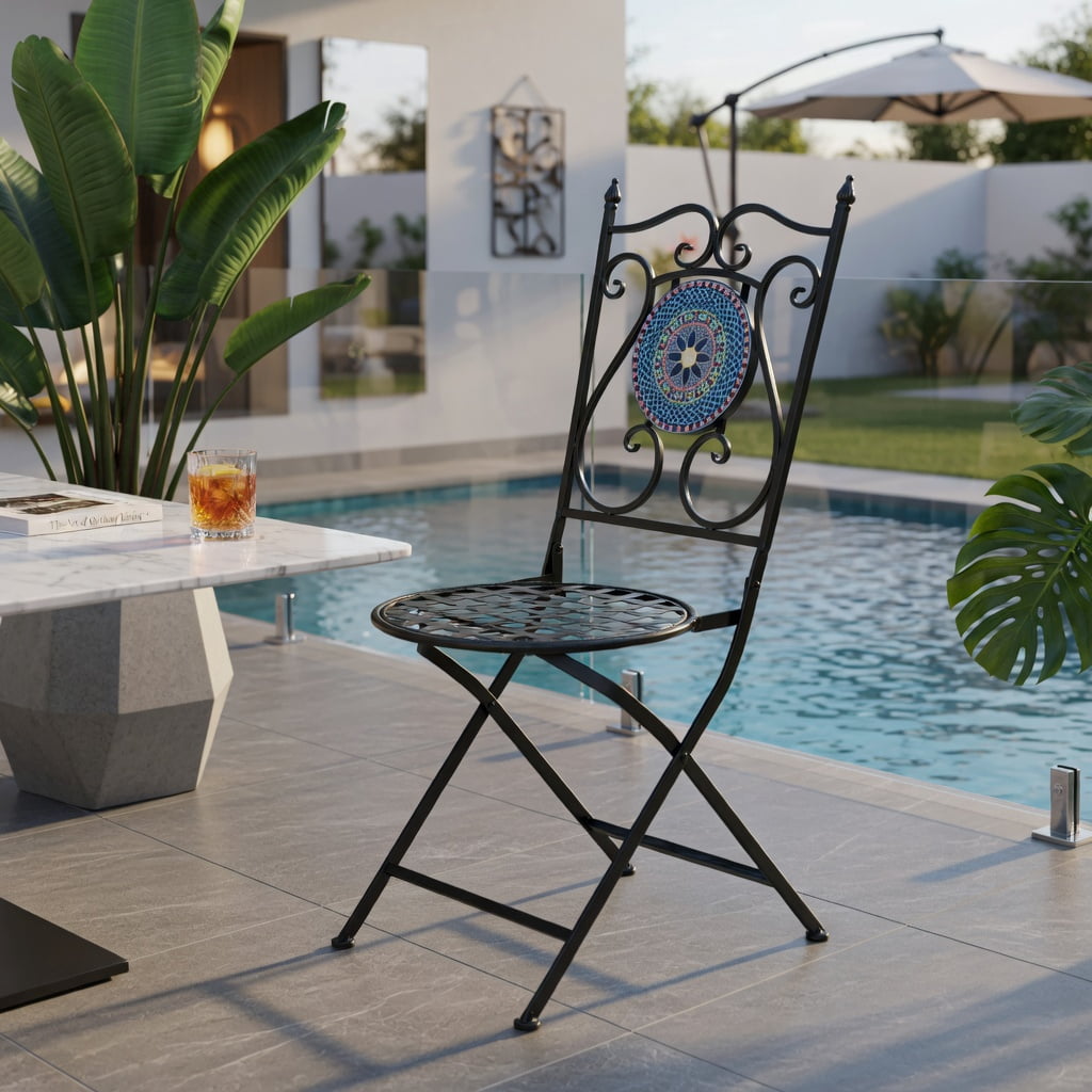 Hommoo 2-Pack Folding Patio Chairs with Mosaic Tile Design, Heavy-Duty Metal Frame, Indoor/Outdoor Use, Black