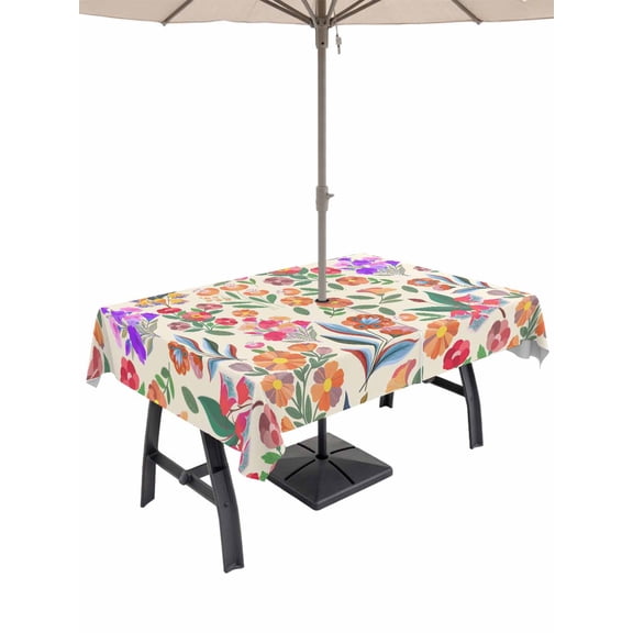 Outdoor Tablecloths with Umbrella Hole & Zipper, Watercolor Floral Tablecloth Rectangle 60x84 Inch, Retro Botanical Flowers Leaves Spring Beige Waterproof Table Cloth, Patio/Pool/Picnic Table Covers