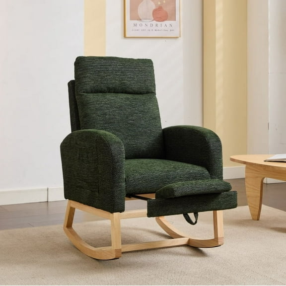 Dtwnek Modern Rocking Chair Accent Chair with Solid Wood Legs and Side Pocket, Upholstered High Backrest Armchair for Living Room, Office, Dark Green