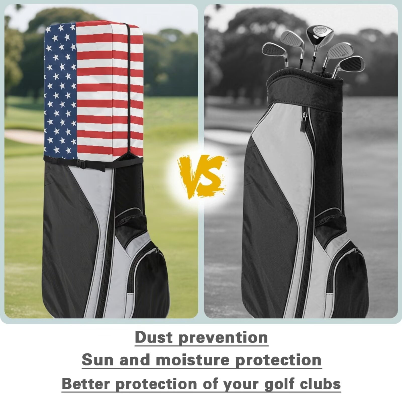 Chririnla American Flag Stars Portable Golf Bag Dust Cover Club Protection Cape with Snap Button & Zipper Waterproof & Dustproof for All Weather