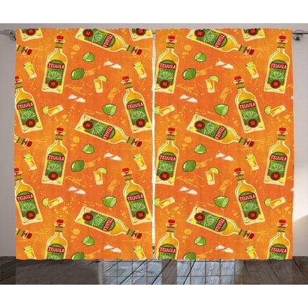 Tequila Curtains 2 Panels Set, Pattern of Alcoholic Drink Bottles Shot Glasses and Limes, Window Drapes for Living Room Bedroom, 108