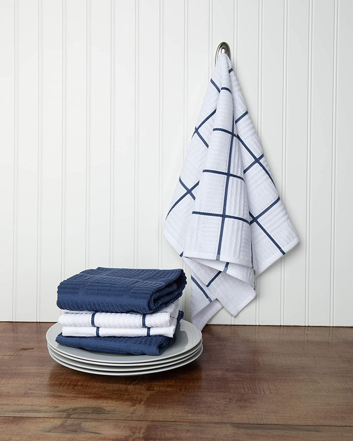 FRKSMD-Cotton Kitchen Towels Set of 4, Dark Blue and White, 28 x 16 in, Absorbent Reusable Tea and Hand Towels, Kitchen Cleaning Cloths