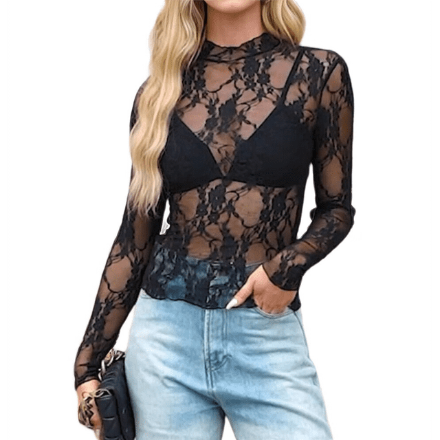 Blusa de de Larga para Mujer con Cuello Alto Transparente Flores Negras XL