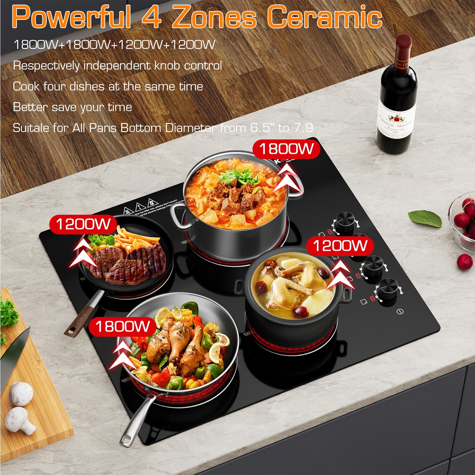 24 inch Electric Cooktop, 6000W Built-in Ceramic Stove Top with 4 Burners & Knob Control, 220-240V Drop-in Radiant Cooktop(No Plug)