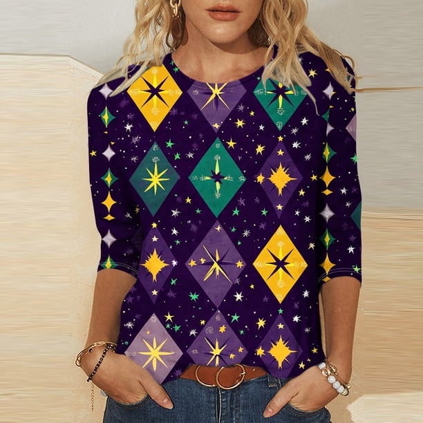 TaTaai Carnival Women's Casual Print Round Neck 3/4 Sleeve T-Shirt Loose Top Gift