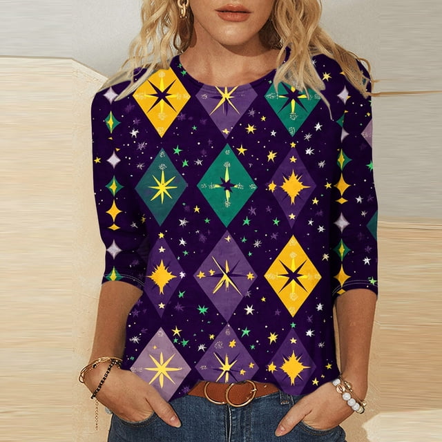 TaTaai Carnival Women's Casual Print Round Neck 3/4 Sleeve T-Shirt Loose Top Gift