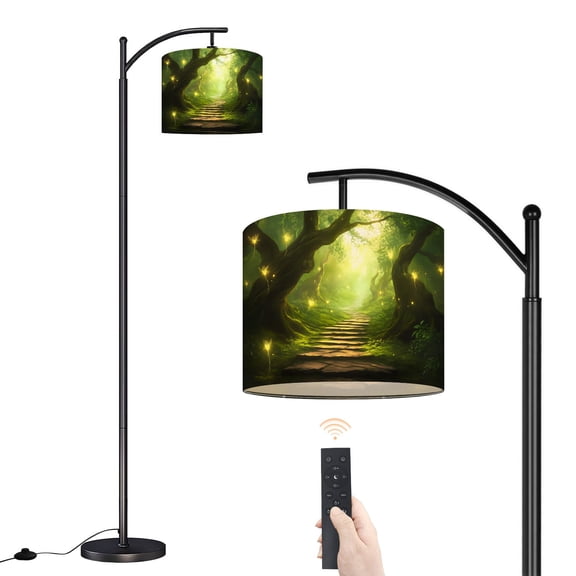 Arc Floor Lamp with Adjustable Lampshade Whimsical Forest Fairy Vintage Cottagecore Tree Landscape 3D Standing Lamp 3 Color Temperatures Dimmable Tall Pole Lamp with Foot Switch for Bedroom