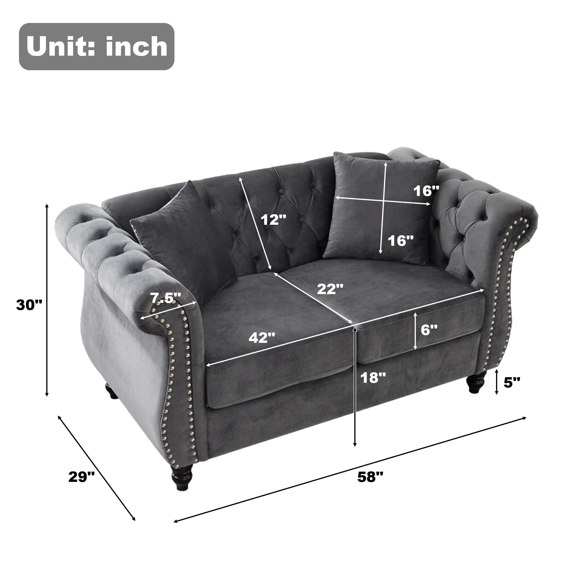2 Piece Chesterfield Velvet Sofa, 80" 3-Seater and 59" Loveseat Sofa Set, Tufted Couch with 4 Pillows,Rolled Arms and Nailhead for Living Room, Bedroom, Office, Grey