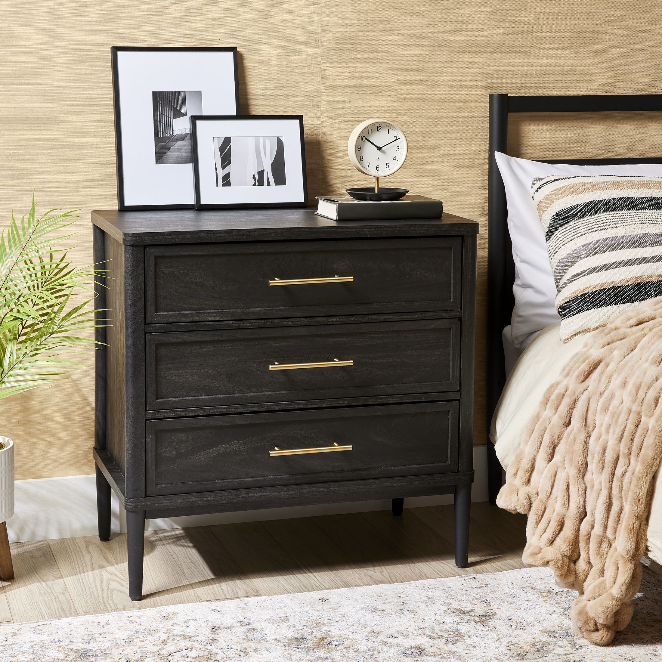 Better Homes & Gardens Oaklee 3 Drawer Nightstand with USB, Charcoal Finish