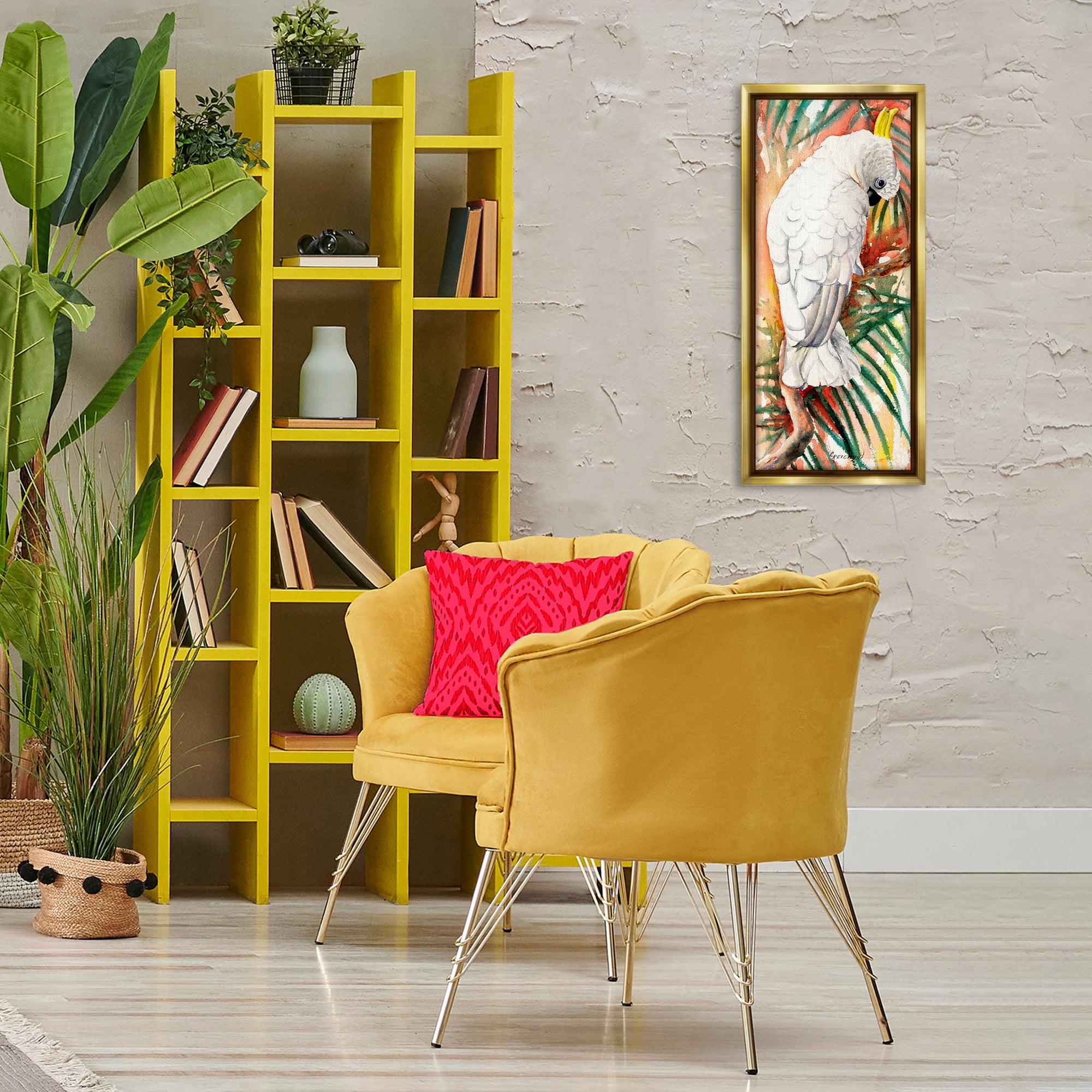 Stupell Industries Cockatoo Among Leaves Animals & Insects Painting Gold Floater Framed Canvas Art Print Wall Art, 15 x 31