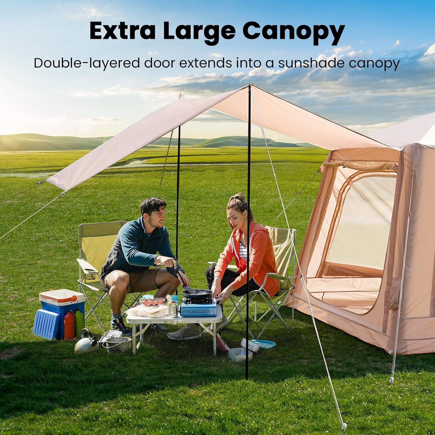 Slsy 4-6 Person Inflatable Camping Tents with Hand Pump & Carry Bag, Air Glamping Tents, Easy Setup Waterproof Windproof Blow up Tent, 4 Seasons Oxford Cabin Tent with Mesh & Chimney Window