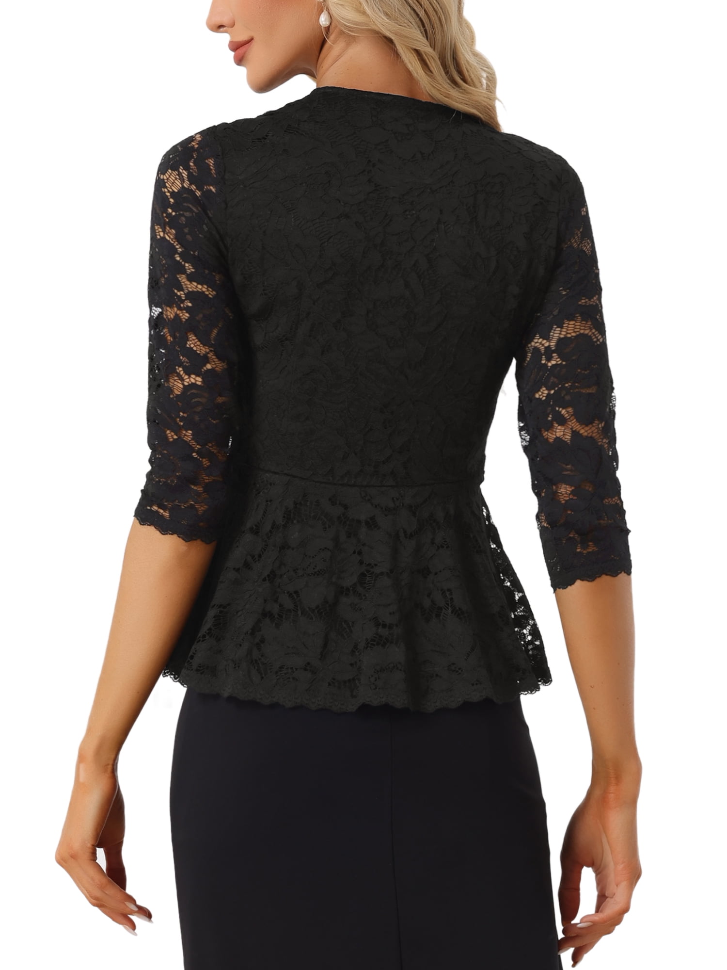 Unique Bargains Women's Lace Keyhole Front Sheer 3/4 Sleeve Peplum Blouse Top Black L