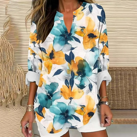 Qepwsc Plus Size Womens Shirts Long Sleeve Tshirts V Neck Collarless Shirt Floral Print Shirts Graphic Basic Tees Casual Dressy Blouses Tops Shirts Going Out Top Ladies Pullover Shirts S_XXXXXL