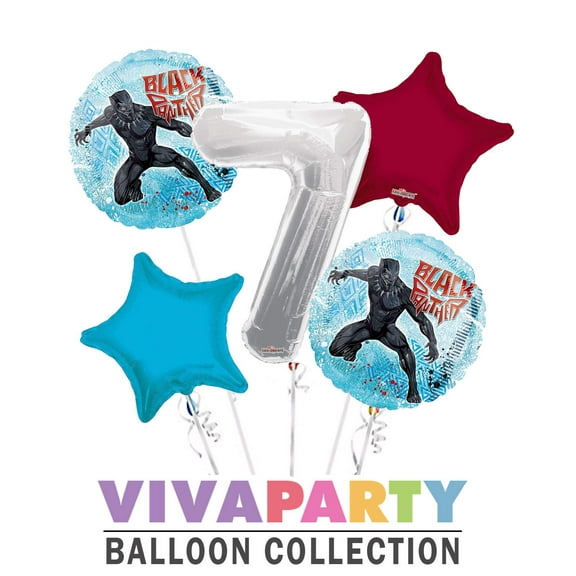 Black Panther Round Balloon Bouquet 5 pc, 7th Birthday, Silver Number 7 Jumbo Balloon | Viva Party Balloon Collection