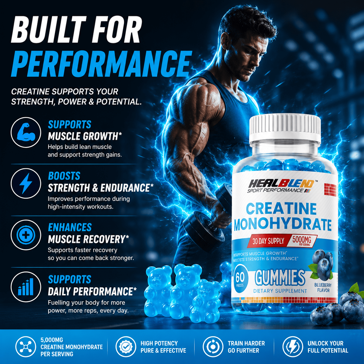 Healblend Sport Performance Creatine Monohydrate Gummies, Muscle Growth, Strength & Endurance Support Blueberry Flavor, 5000mg, 60 Count