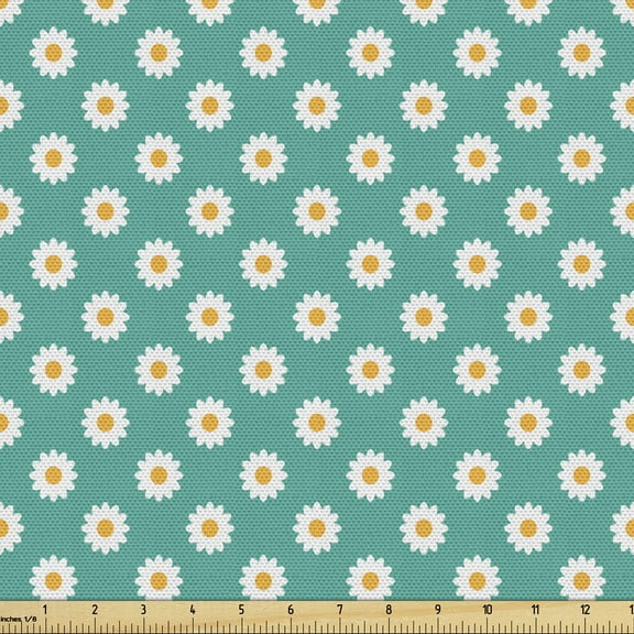 Chamomile Fabric by the Yard, Simple Arrangement of Nature Daisy Motifs Art Graphic Print, Upholstery Fabric for Dining Chairs Home Decor Accents, 5 Yards, Dark Seafoam Marigold by Ambesonne
