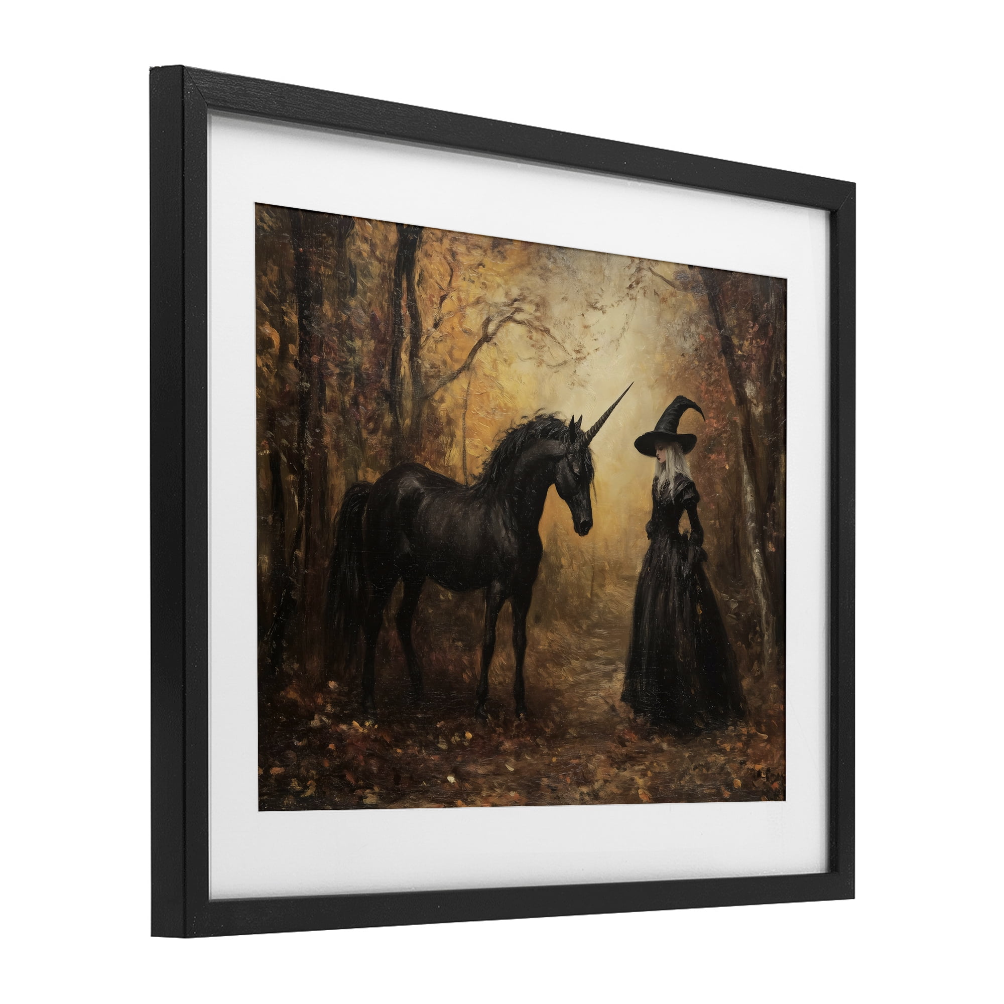 Witch & Black Unicorn Black Framed Print Under Glass, design by Arlington Prints