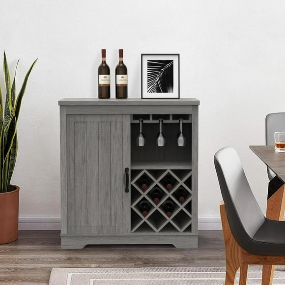 Farmhouse Wine Bar Cabinet, Coffee Cabinet with Wine Rack and Glass Holder, Kitchen Buffet Sideboard with Storage Shelves, Freestanding Liquor Cabinet for Living Room, Dining Room, Gray