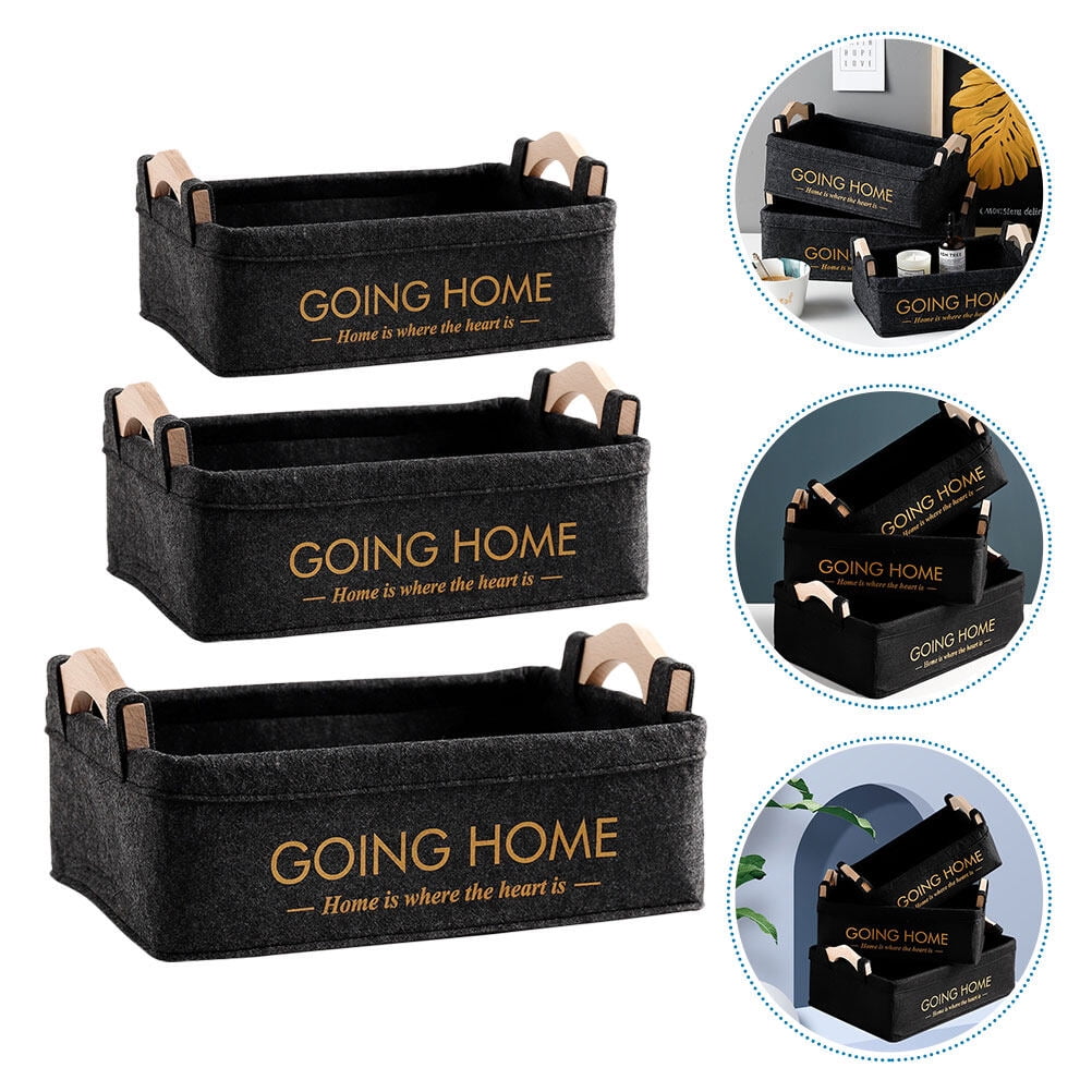 Milisten 3Pcs Black Baskets for Organizing Non-woven Fabrics with Wooden Handle Design for Living Room