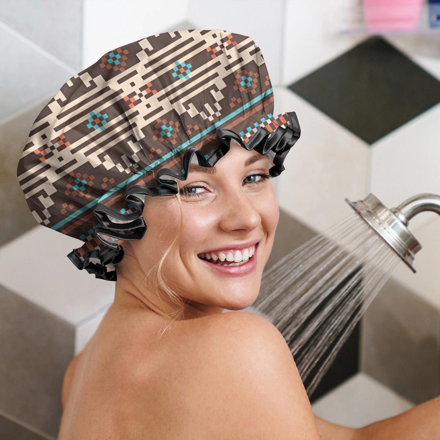 Shower Caps,Boho Blue Pixel Ethnic Pattern Waterproof Shower Cap for Women 4 Pieces,Double Reusable Hair Cover for Shower PEVA Elastic Stretch Hem