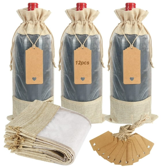 Bolsas de regalo para vino, arpillera Shintop, 35 x 16 cm, 12 unidades con etiquetas