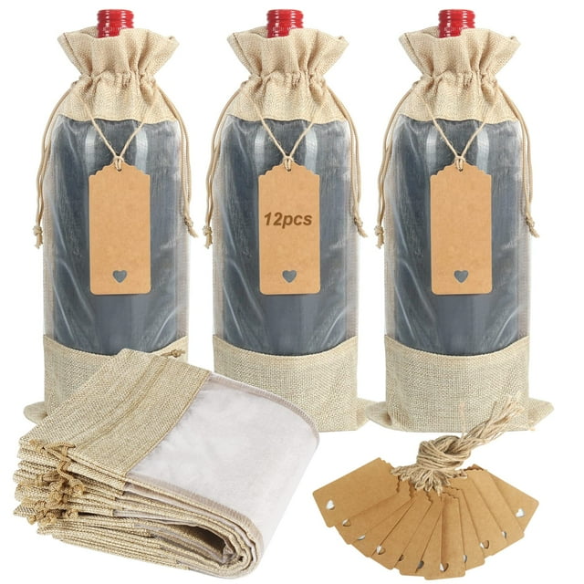 Bolsas de regalo para vino, arpillera Shintop, 35 x 16 cm, 12 unidades con etiquetas