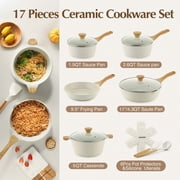 SENSARTE 17-Piece Ceramic Pots and Pans Set, White Induction Nonstick Cookware Set, Healthy Kitchen Cooking Sets with Stay-Cool Handles, Stackable