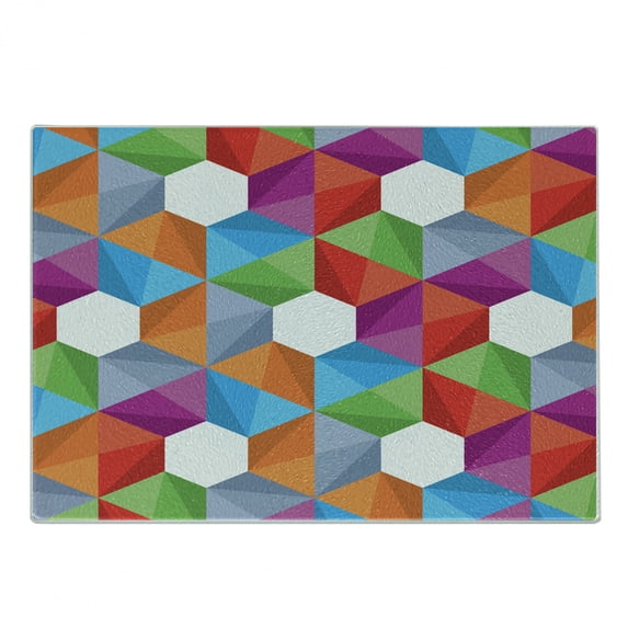Geometric Cutting Board, Colorful Retro Geometric Triangle and Polygonal Mosaic Pattern Interior Design, Decorative Tempered Glass Cutting and Serving Board, Small Size, Multicolor, by Ambesonne