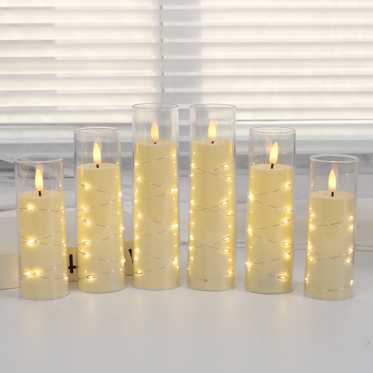 Flameless LED Pillar Candles (9 Pcs) – Embedded Star String, Battery Operated with Remote & Timer, White – Perfect for Home/Party/Wedding
