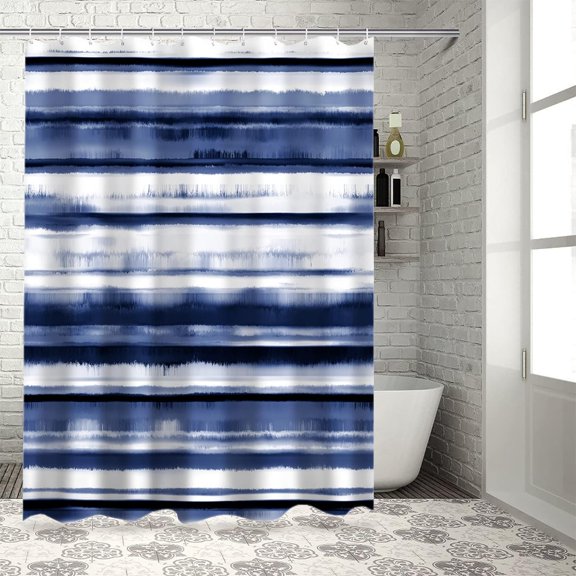 Nautical Blue Abstract Stripes Fabric Shower Curtains for Bathroom, 36x72inches Long Shower Curtain Set with Hooks, Polyester Waterproof Bathroom Curtains Accessories for Women Men Kids, Navy White