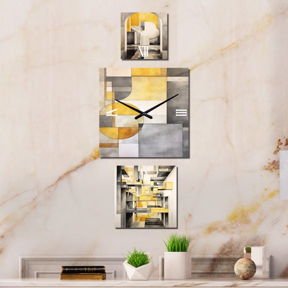 Designart "Intersecting Realities in Yellow and Grey III" Abstract Shapes Oversized Contemporary Clock - Set Of 3 - Multipanel Clock For Living Room Décor - Large Vertical Clock