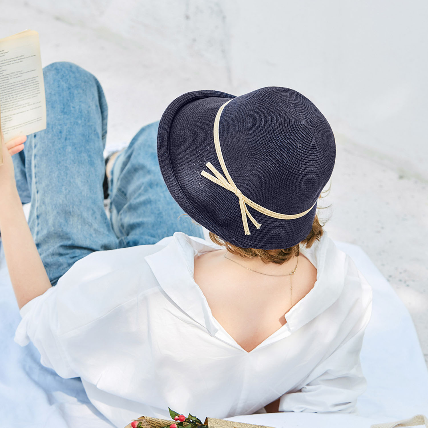 French Straw Bonnet Cap for Women Victorian Sun Hat Chin Strap Foldable