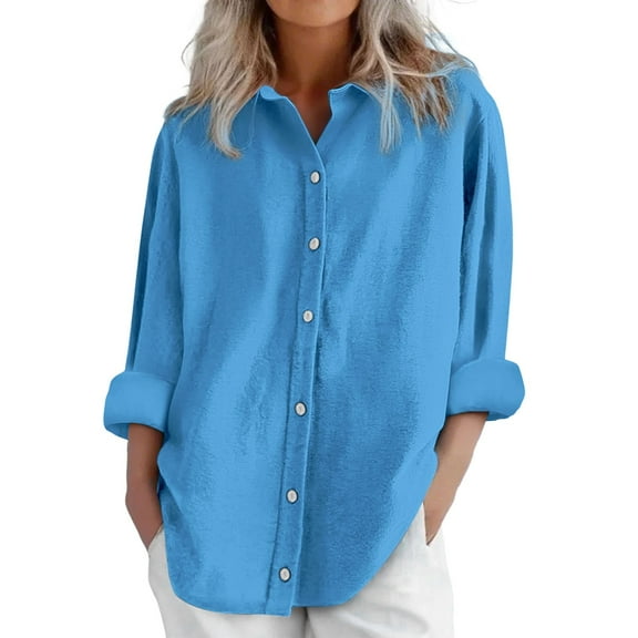 Jxximdong Button Up Shirts Women Womens Daily Casual Linen Shirts Long Sleeve Shirts Tops Casual Blouses Loose Fit Shirt Blue Spring Tops L