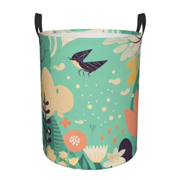 DouZhe Waterproof Collapsible Large Laundry Baskets, Spring Flowers Bird Easter Prints Circular Hamper with Handles
