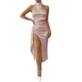thumbnail image 3 of TaTaai Womens Elegant Halter Neck Dress Mock Neck Sleeveless Satin Ruched Bodycon High Split Solid Color Glossy Midi Dress for Evening Formal Event Gift, 3 of 6