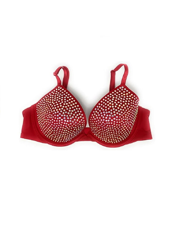 Very Sexy Embellished Lightly Lined Low-Cut Demi Bra Red Rhinestone Cup Size 36B New